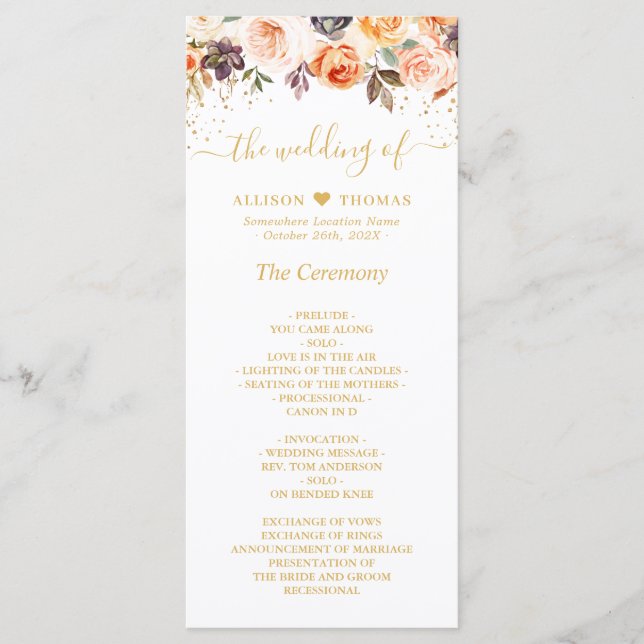 Orange Peach Autumn Gold Floral Wedding Program Programme (Front)