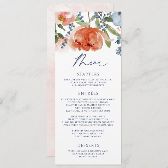 Orange Peach Dusty Blue Garden Floral Wedding Menu (Front/Back)