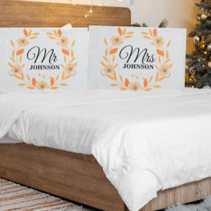 Orange Peach Floral Elegant Script Mrs Pillow Case