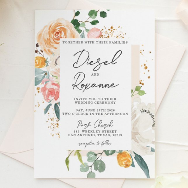 Orange Peach Floral Wedding Invitation (Creator Uploaded)