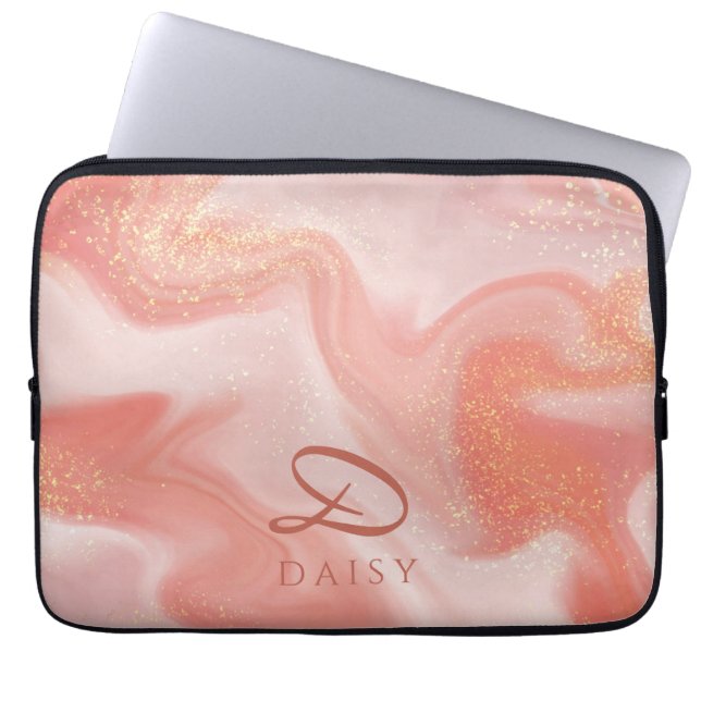 Orange Peach Gold Glitter Marble Customisable Laptop Sleeve (Front)