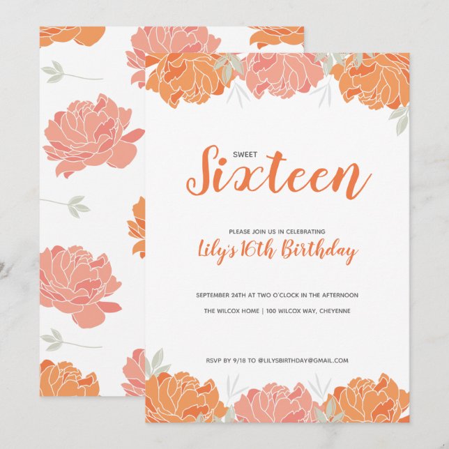 Orange & Peach Peonies Sweet 16 Birthday Party Invitation (Front/Back)