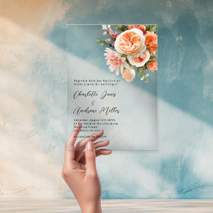Orange peach pink florals clear wedding acrylic invitations