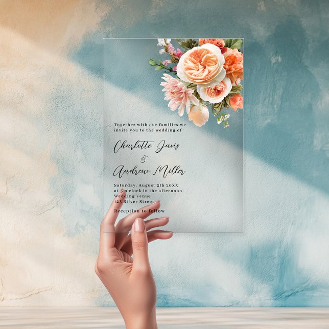 Orange peach pink florals clear wedding acrylic invitations (Creator Uploaded)