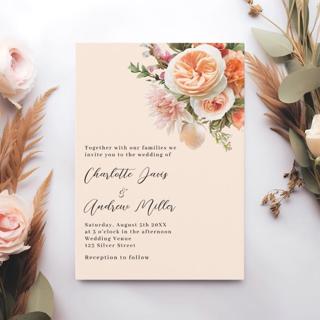 Orange peach pink florals wedding invitation (Creator Uploaded)