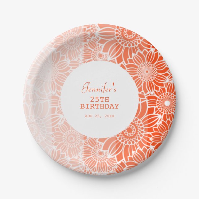 Orange Peach Stripes Floral Birthday  Paper Plate (Front)