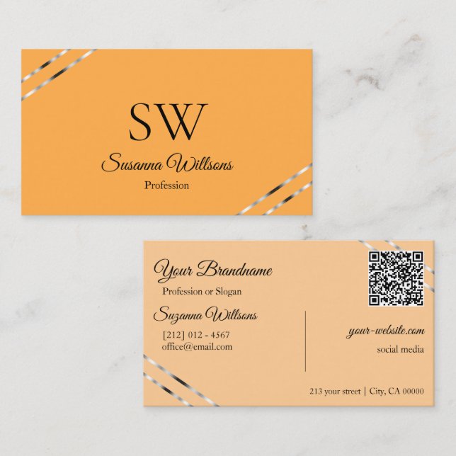 Orange Peach with Silver Lines Monogram QR Code Business Card (Front/Back)