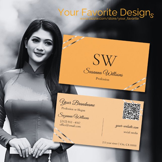 Orange Peach with Silver Lines Monogram QR Code Business Card (Creator Uploaded)