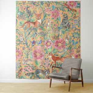 Orange Peach Woodland Animal Deer Fox Rabbit Large Tapestry