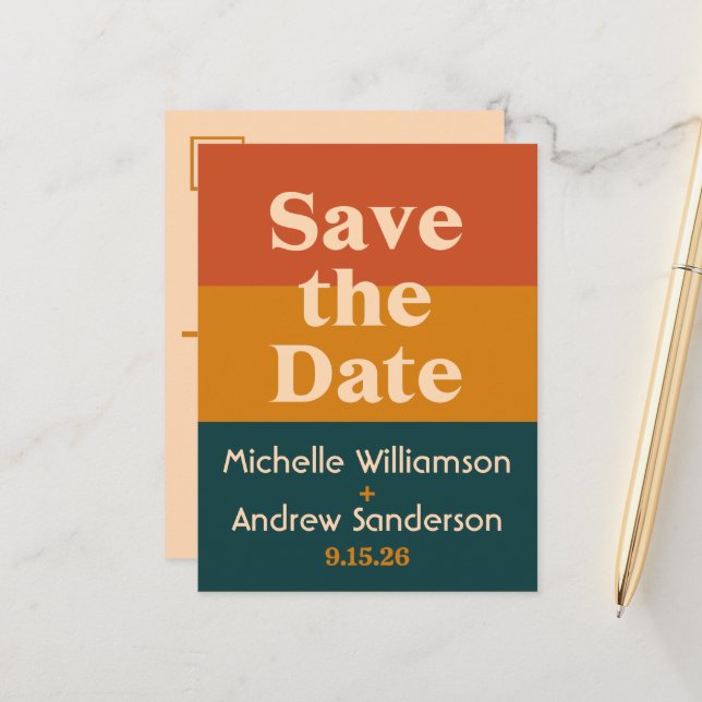 Orange Peacock Modern Retro Save the Date Postcard (Front/Back In Situ)