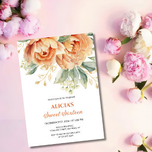 Orange Peony Gold Leaf Greenery 16th Birthday  Invitation