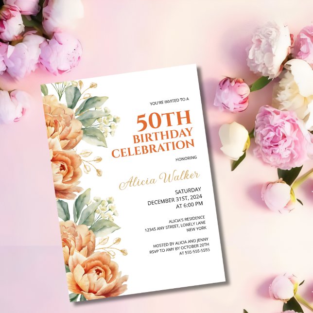 Orange Peony Gold Leaf Rustic Floral Birthday  Invitation (Creator Uploaded)