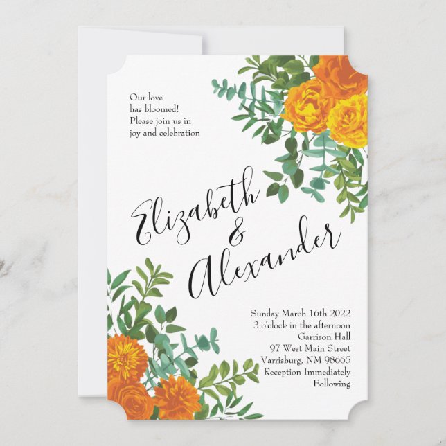Orange Peony & Rose Floral Wedding Invitation (Front)