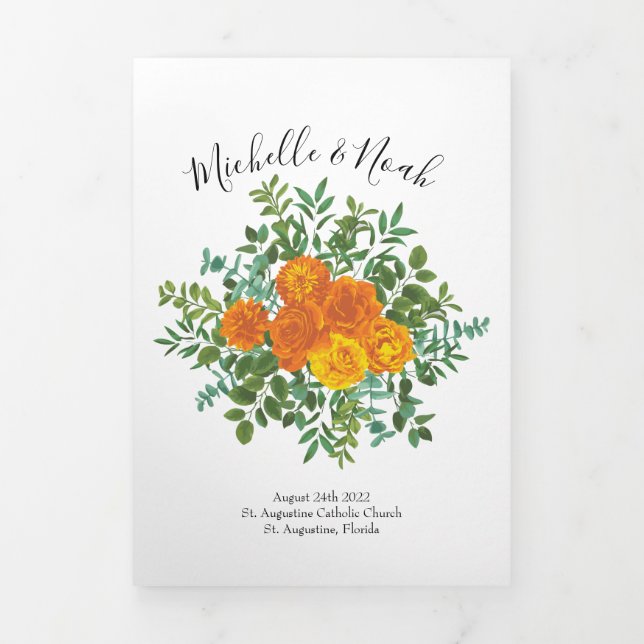 Orange Peony & Rose Floral Wedding Programs Tri-Fold Programme (Cover)