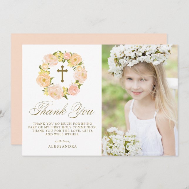 Orange Peony Wreath Gold First Holy Communion Thank You Card (Front/Back)