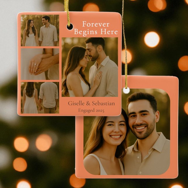 Orange Photo Engagement Collage Christmas Holiday Ceramic Ornament (Creator Uploaded)