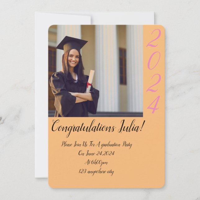 Orange photo graduation invitation card (Front)