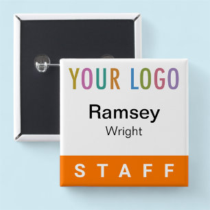 Orange Pinback Staff Badge Event Logo Square Name