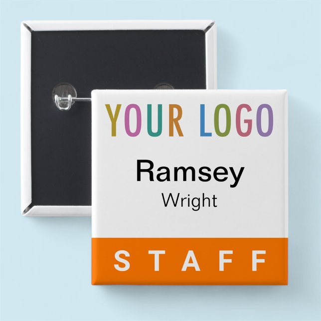 Orange Pinback Staff Badge Event Logo Square Name (MISOOK Orange 2 x 2 inch Staff Name Badge Square Button)