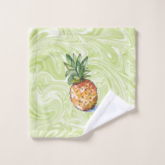 Orange Pineapple Watercolor on Green Wash Cloth (Wash Cloth)