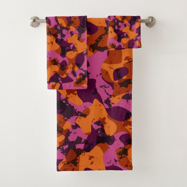 Orange, pink and maroon camo abstract bath towel set (Insitu)