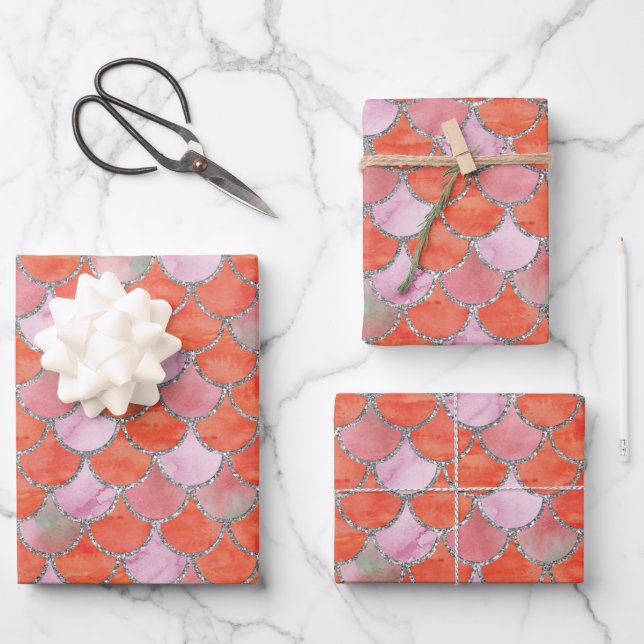 Orange, Pink and Silver Mermaid Scales   Wrapping Paper Sheet (Front)