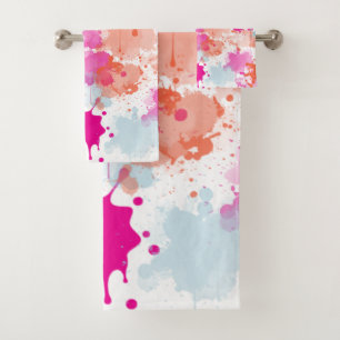 Orange Pink Blue Abstract Modern Paint Splashes Bath Towel Set