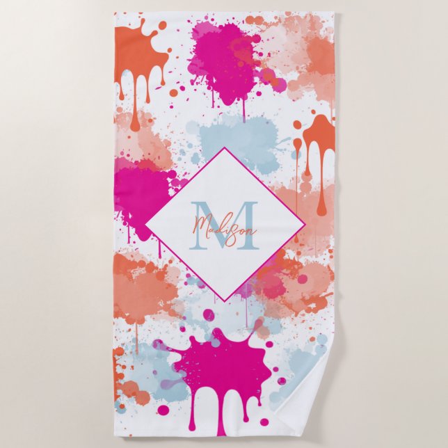 Orange Pink Blue Abstract Modern Paint Splashes Beach Towel (Front)