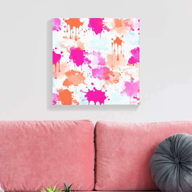 Orange Pink Blue Abstract Modern Paint Splashes Canvas Print (Insitu(LivingRoom))