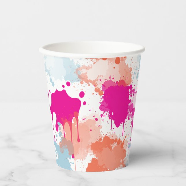 Orange Pink Blue Abstract Modern Paint Splashes Paper Cups (Front)