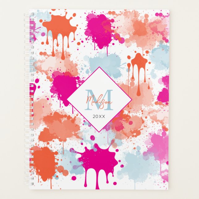 Orange Pink Blue Abstract Modern Paint Splashes  Planner (Front)