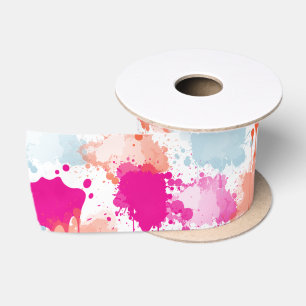 Orange Pink Blue Abstract Modern Paint Splashes Satin Ribbon