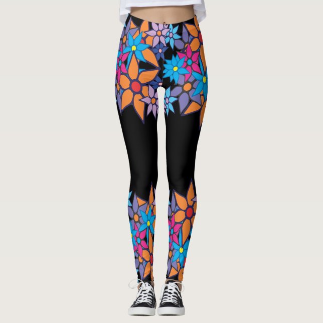 Orange Pink Blue Floral #2 Leggings (Front)