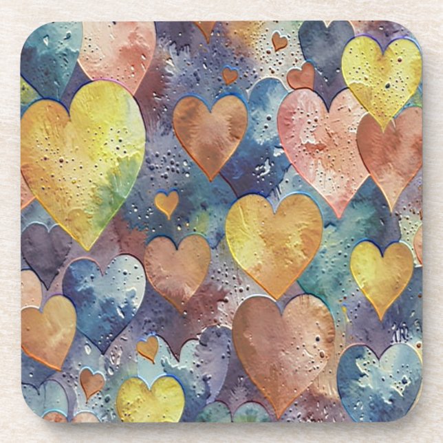 orange pink blue yellow hearts coaster (Front)