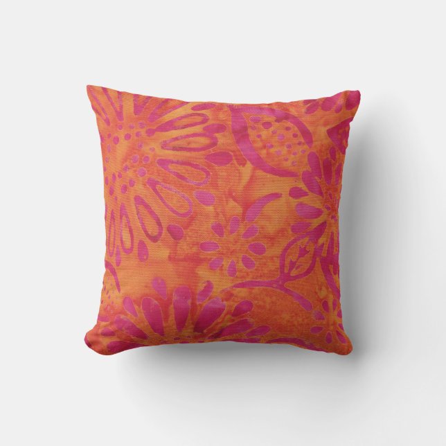 Orange Pink Boho Batik Floral Pattern Cushion (Front)