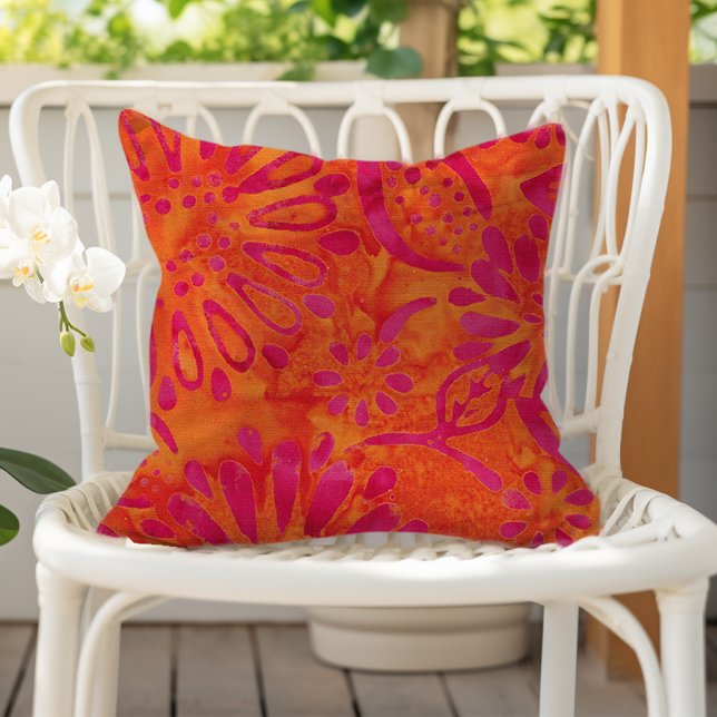 Orange Pink Boho Batik Floral Pattern Cushion (Creator Uploaded)