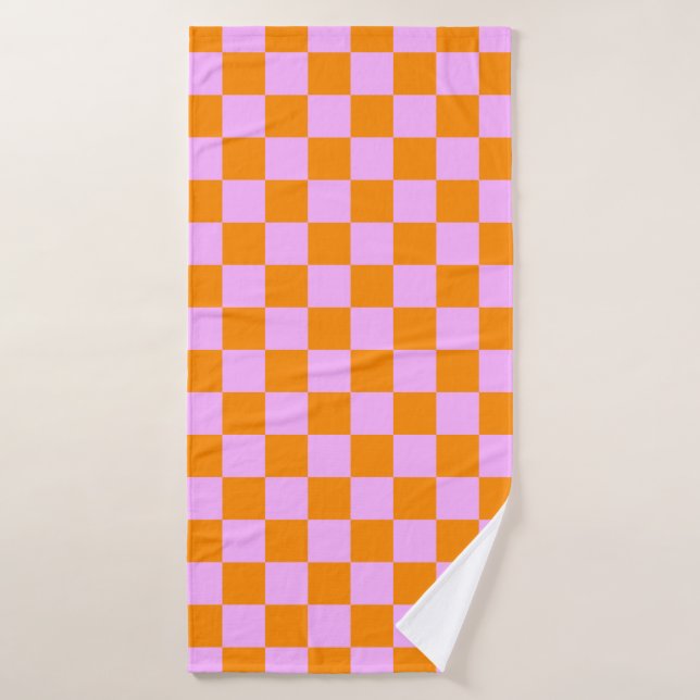 Orange + Pink Check Chequered Chequerboard Pattern Bath Towel (Bath Towel)