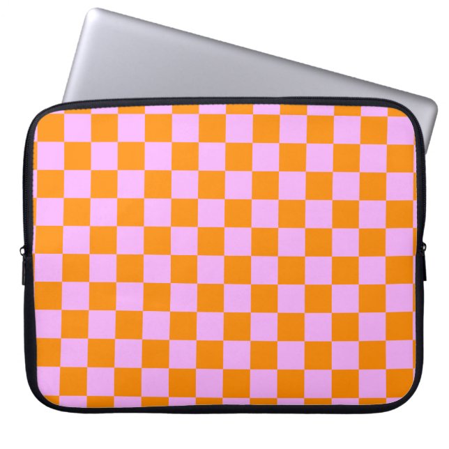 Orange + Pink Check Chequered Chequerboard Pattern Laptop Sleeve (Front)