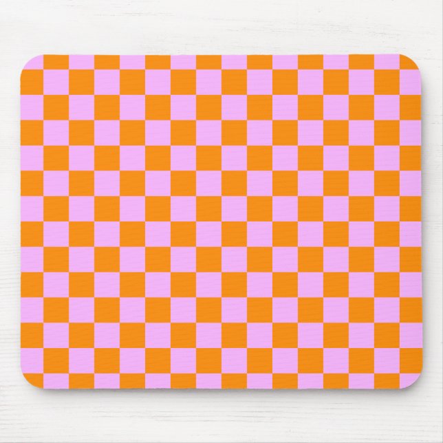 Orange + Pink Check Chequered Chequerboard Pattern Mouse Pad (Front)