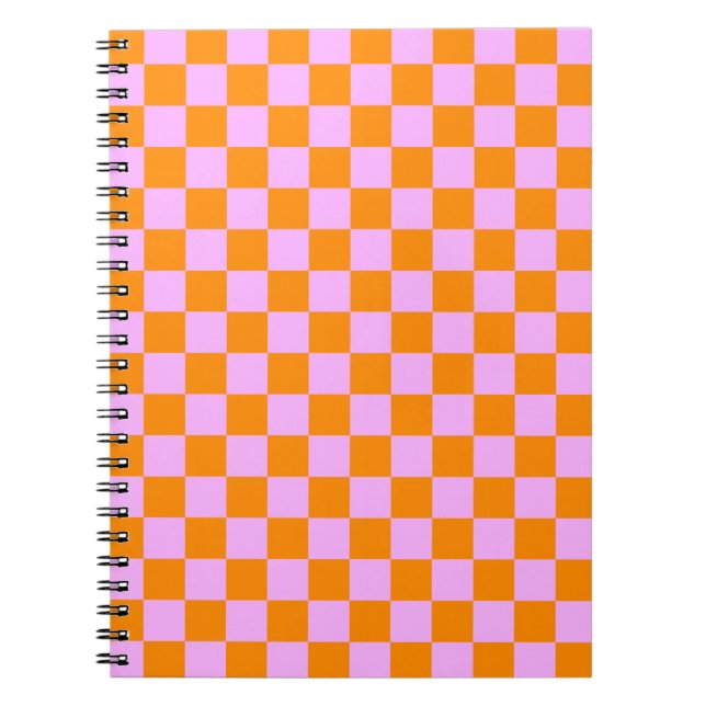 Orange + Pink Check Chequered Chequerboard Pattern Notebook (Front)