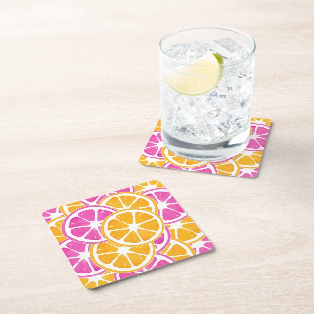 Orange Pink Citrus Slices Square Paper Coaster (Insitu)