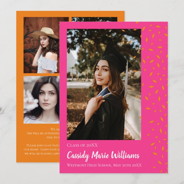 Orange Pink Confetti Graduation Announcement (Front/Back)
