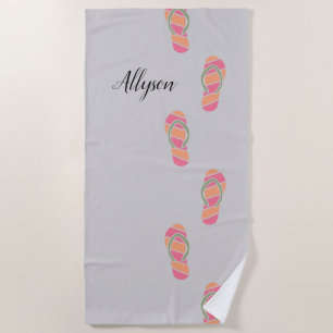 Orange & Pink Flip Flops, Blk Script Name, Lt Grey Beach Towel