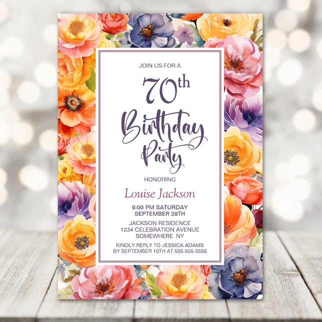Orange Pink Floral 70th Birthday Party Invitation (Creator Uploaded)