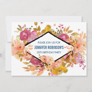 Orange & Pink Floral Bouquet Birthday Invitation