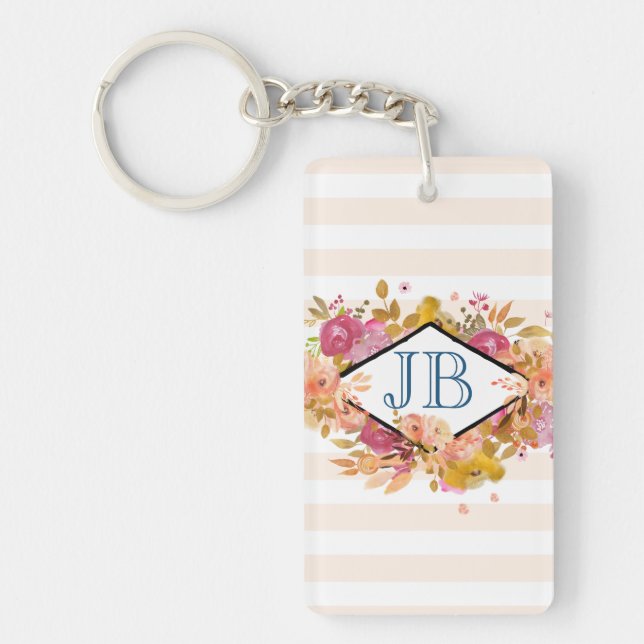 Orange & Pink Floral Bouquet Monogram Key Ring (Front)