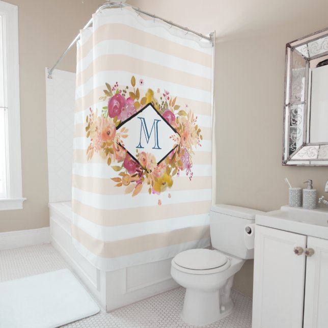 Orange & Pink Floral Bouquet Monogram Shower Curtain (In Situ)