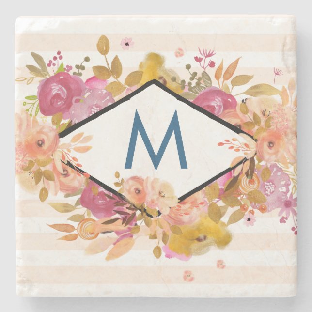 Orange & Pink Floral Bouquet Monogram Stone Coaster (Front)