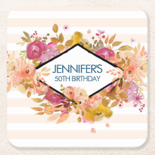 Orange & Pink Floral Bouquet Party Square Paper Coaster