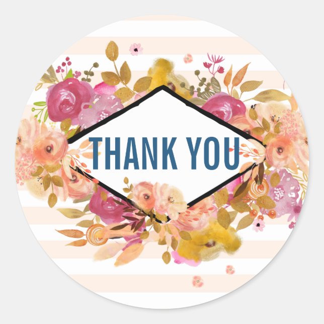 Orange & Pink Floral Bouquet Thank You Classic Round Sticker (Front)